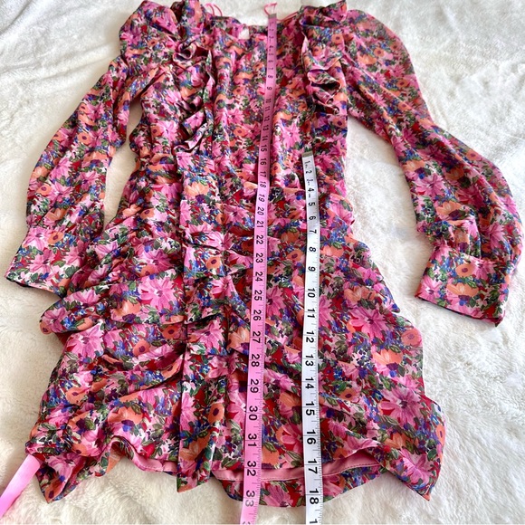 ZARA Floral Draped Mini Pink Dress Crewneck Puff Shoulders XS - Picture 8 of 11